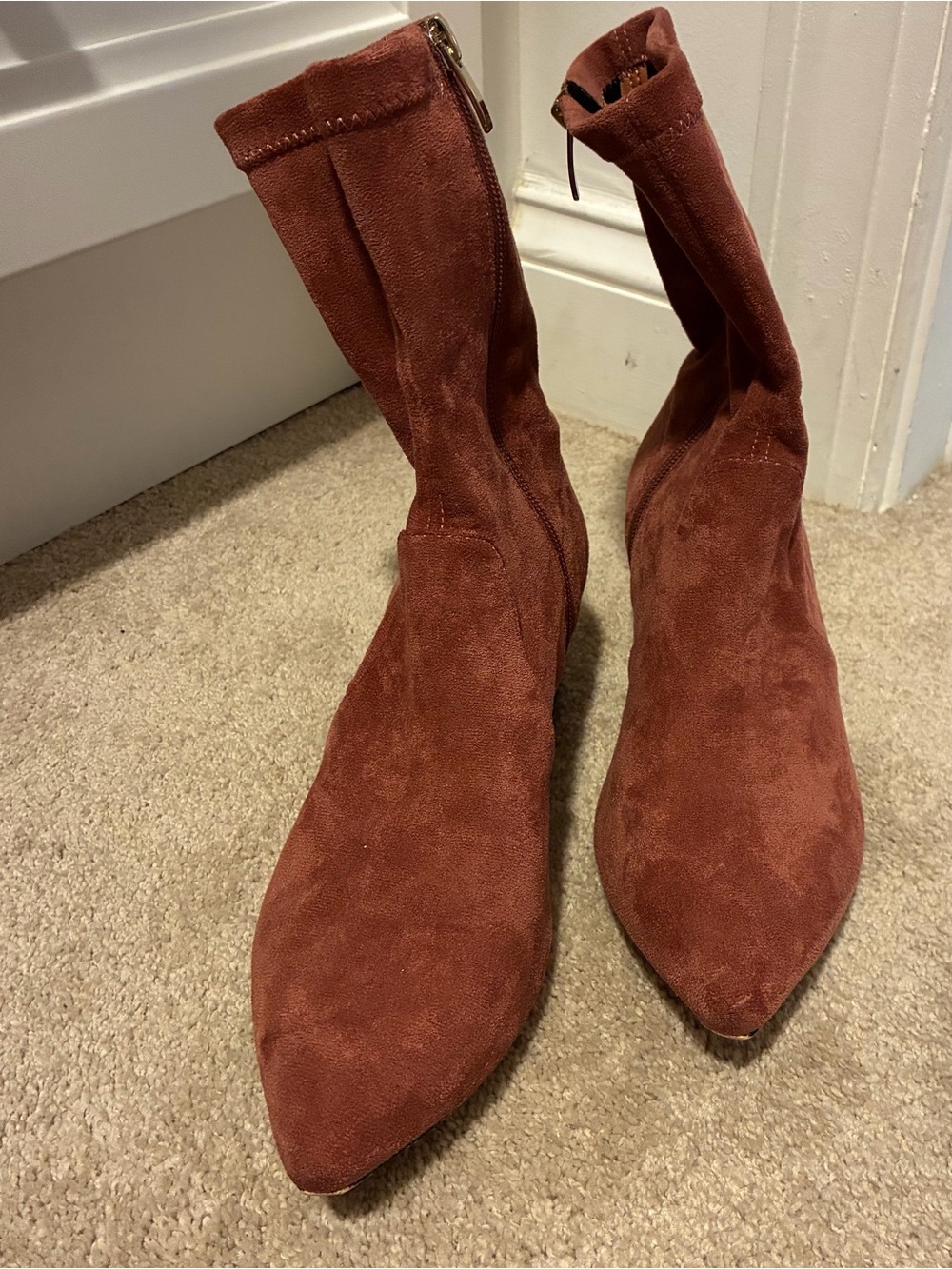 Rust Suede Pointed Ankle Booties with Side Zip